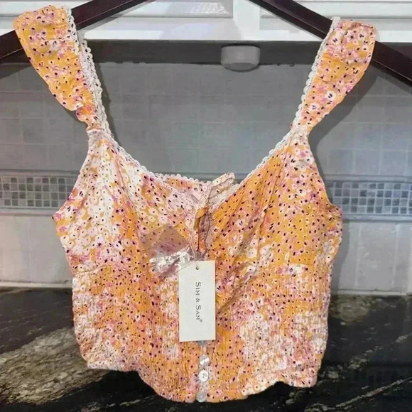 NWT!! Sim & Sam Ruffle Boho Crop Top Tank Size Small! Orange & Cream Floral - Picture 2 of 14